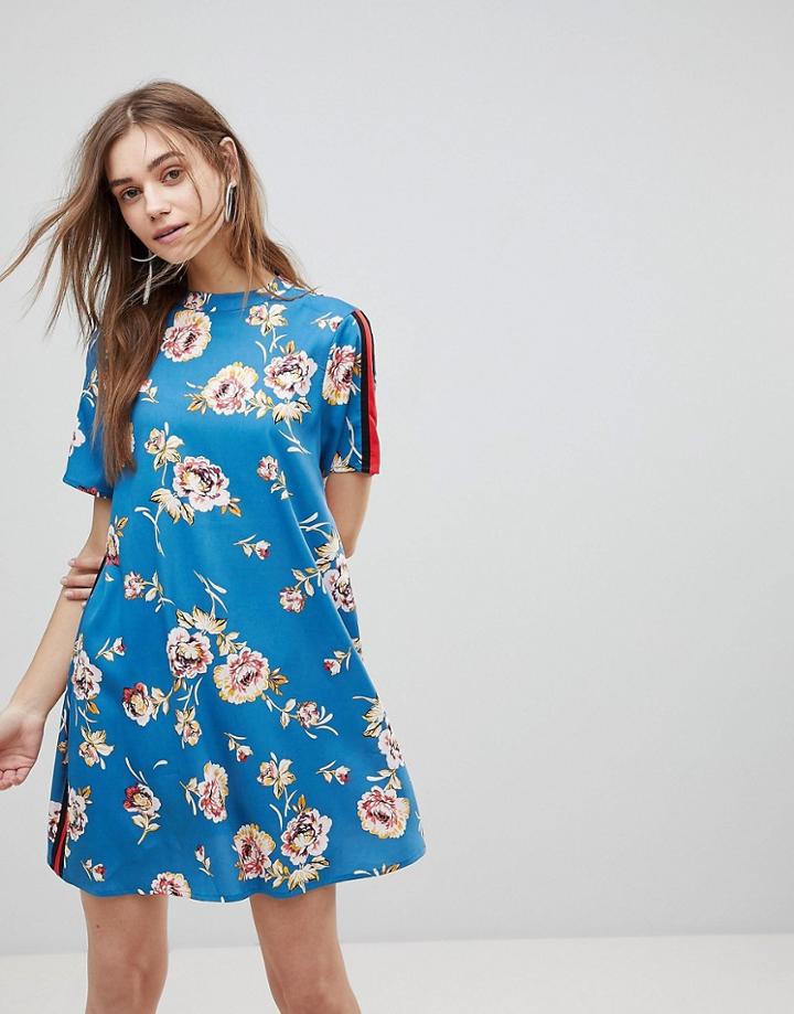 Influence Track Stripe High Neck Floral Swing Dress - Blue