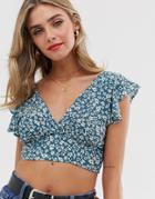 Pull & Bear Printed V Neck Crop Blouse In Blue - Green