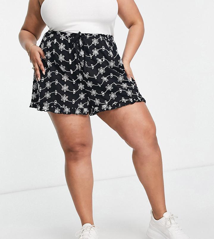 Asos Design Curve Eyelet Short With Ruffle Hem And Tie Waist In Black And White-multi