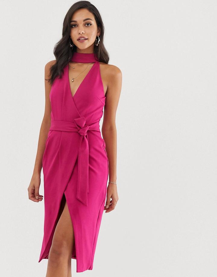 Lavish Alice Ponte Choker Neck Wrap Midi Dress In Magenta - Pink