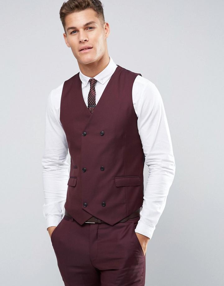 Asos Skinny Suit Vest In Dark Berry 100% Wool - Purple