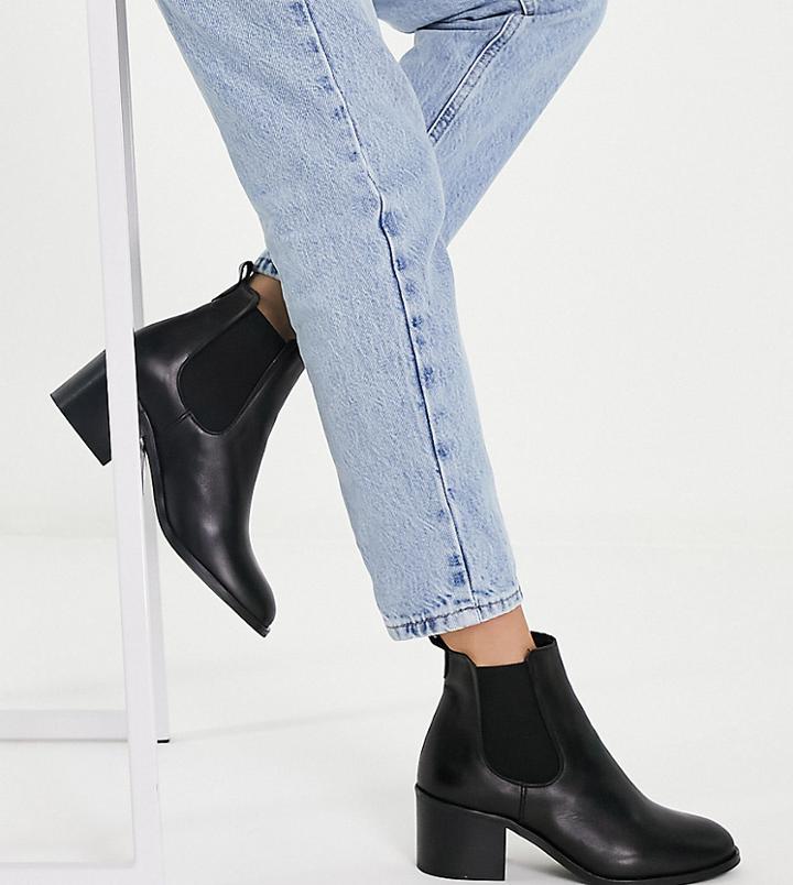 Depp Wide Fit Leather Block Heel Chelsea Boots In Black