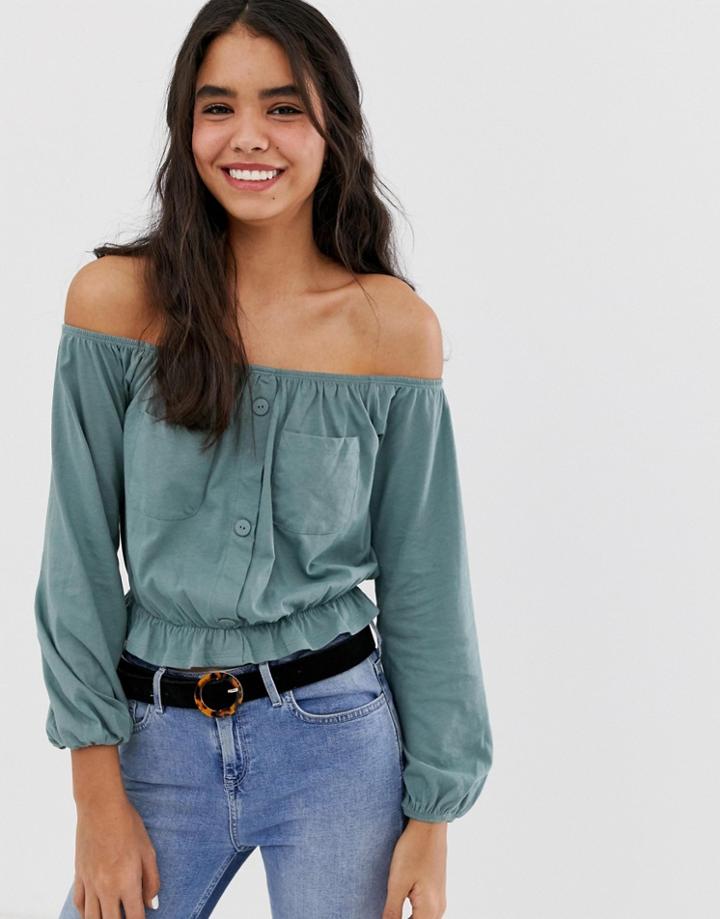 Asos Design Bardot Top With Utility Pockets - Green