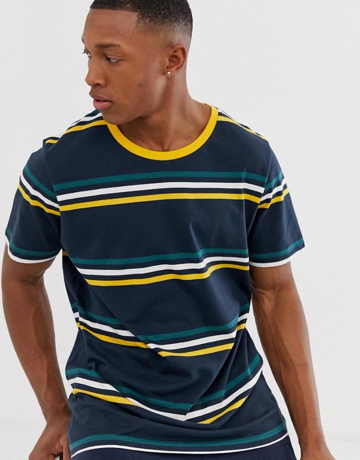Jack & Jones Originals Dropped Shoulder Horizontal Stripe T-shirt In Navy - Navy