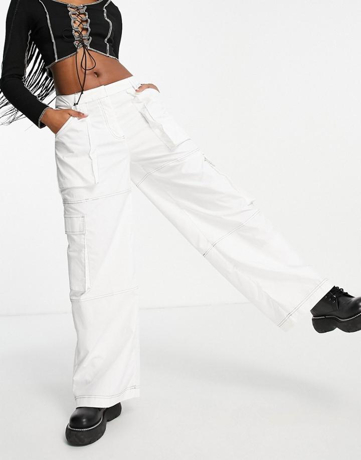 The Ragged Priest Wide Leg Baggy Combat Pants With Leg Panels-white