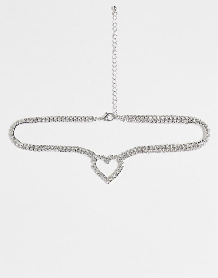 True Decadence Crystal Heart Choker Necklace In Silver