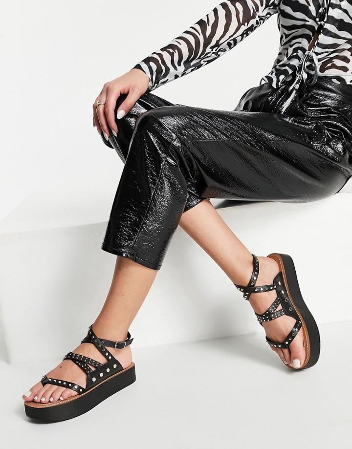 Asos Design Flinch Studded Leather Flatform Sandals In Black