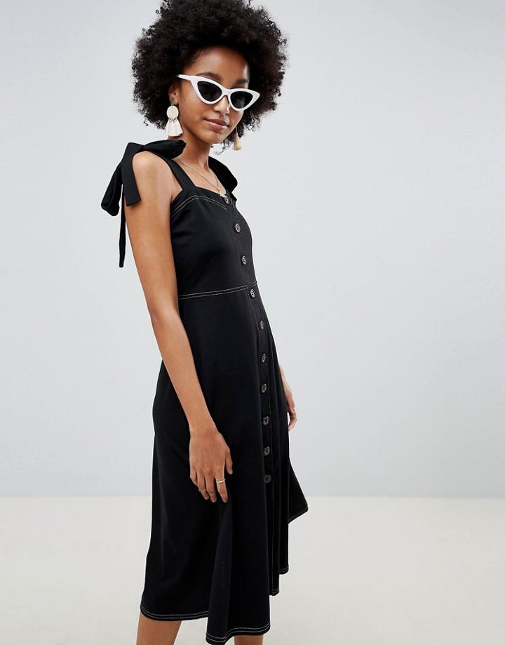 Asos Design Button Through Contrast Stitch Midi Pinafore Sundress - Black