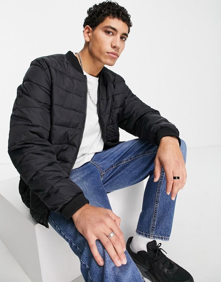 Pull & Bear Puffer Bomber Jacket In Black