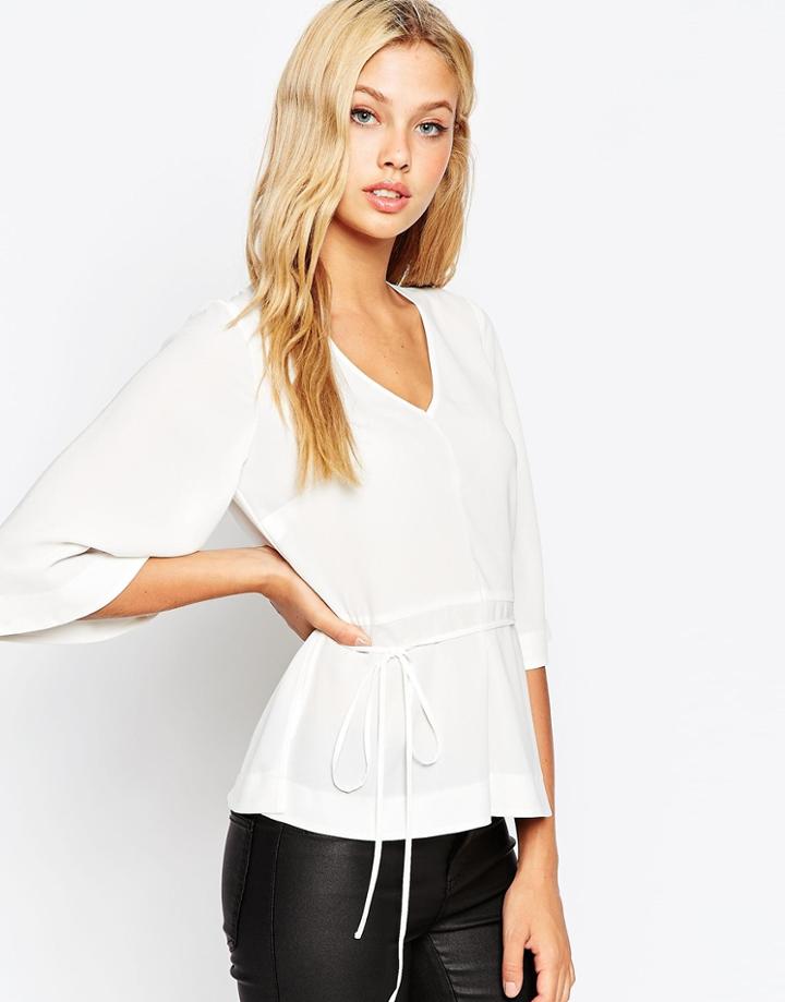 Asos V Neck Kimono Sleeve Top With Skinny Tie - White