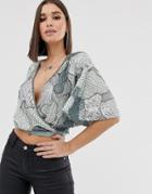 Asos Design Camo Embellished Wrap Top With Angel Sleeve-multi