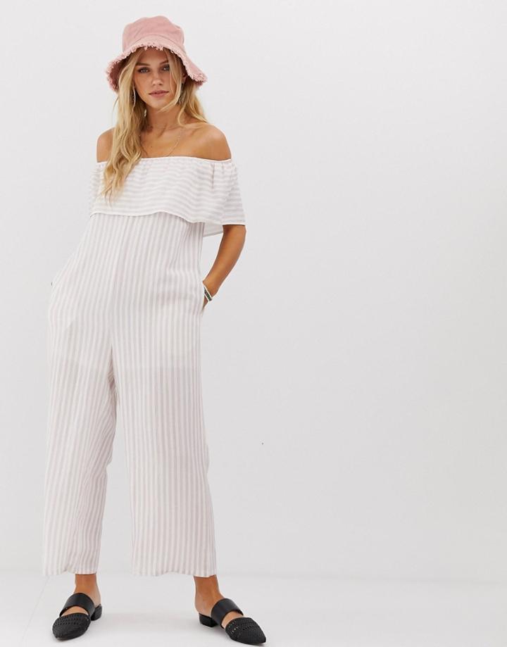 En Creme Relaxed Bardot Jumpsuit With Wide Leg In Pinstripe - Pink
