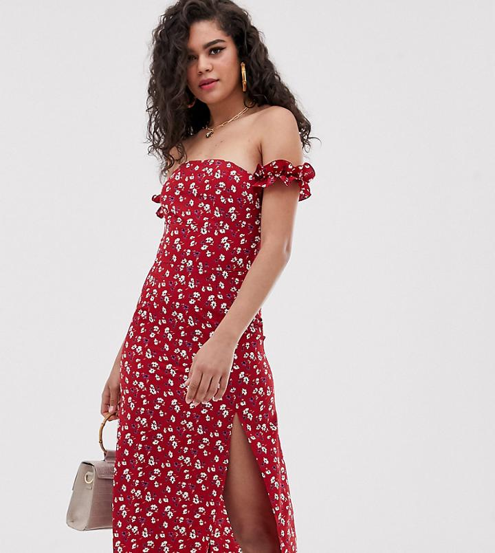 Fashion Union Tall Bardot Midi Dress With Split In Daisy Print-red