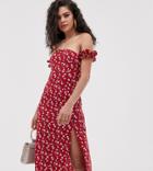 Fashion Union Tall Bardot Midi Dress With Split In Daisy Print-red