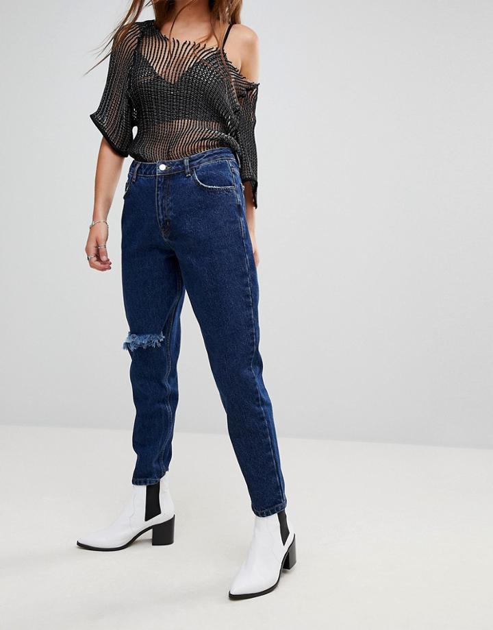 Uncivilised Ripped Knee Mom Jeans - Blue