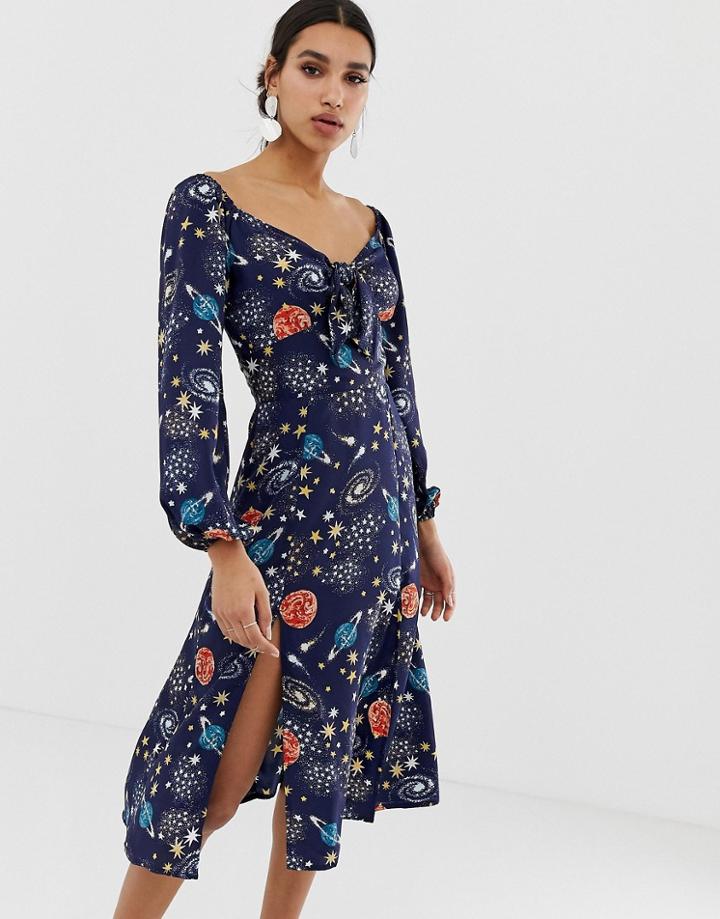 Neon Rose Tie Front Midi Dress In Celestial Print - Multi