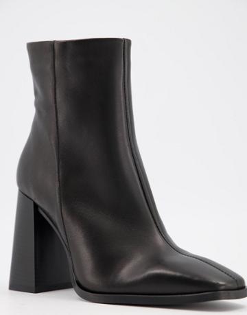 Depp Square Toe Block Heel Ankle Boots In Black Leather