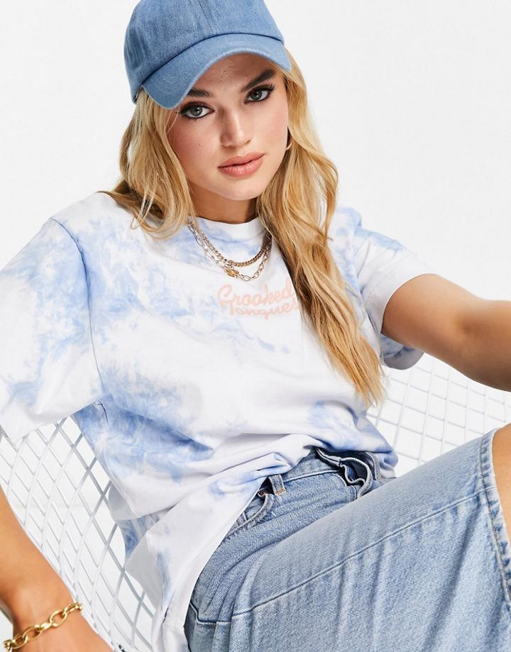 Crooked Tongues Oversized T-shirt In Blue Tie Dye With Logo-blues