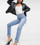 Asos Design Tall High Rise 'farleigh' Slim Mom Jeans In Stonewash-blue