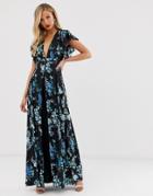 Asos Design Maxi Dress With Godet Lace Inserts In Black Based Floral Print-multi