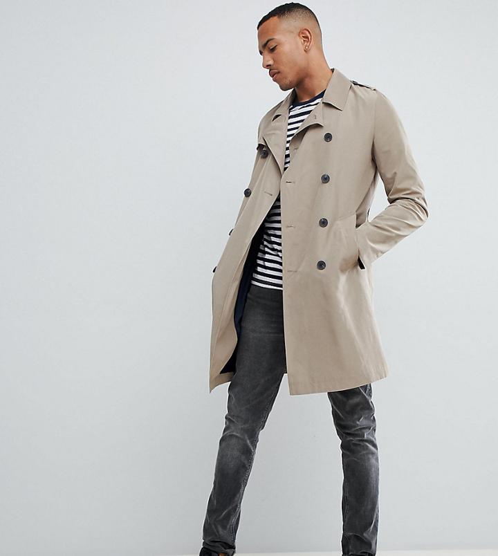 Asos Design Tall Shower Resistant Trench Coat In Stone - Stone