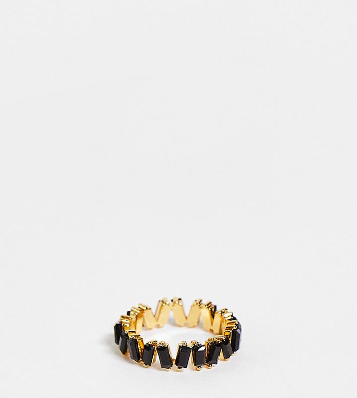 Asos Design 14k Gold Plated Ring With Baguette Crystals In Black