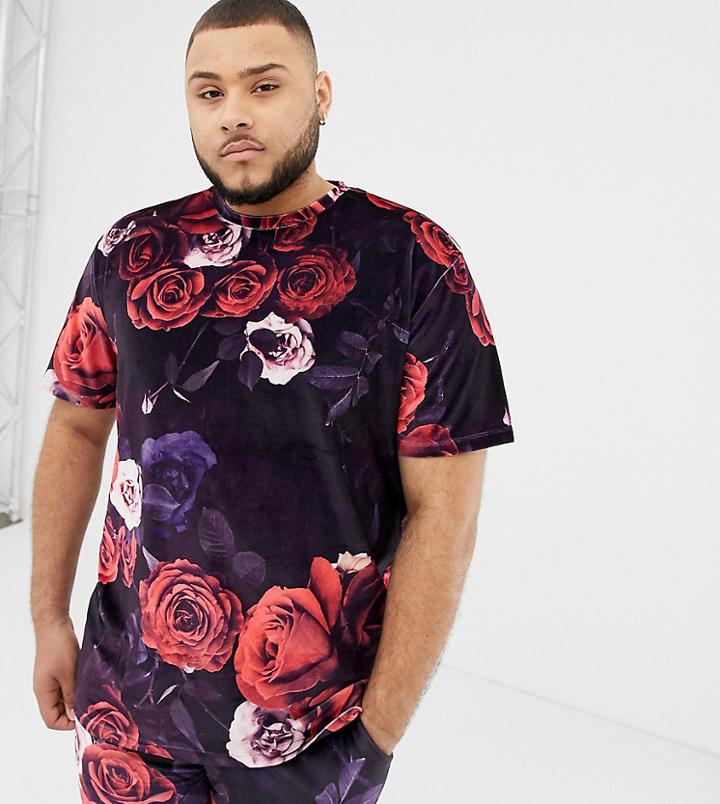 Asos Design Plus Relaxed T-shirt In Floral Velour Two-piece - Purple