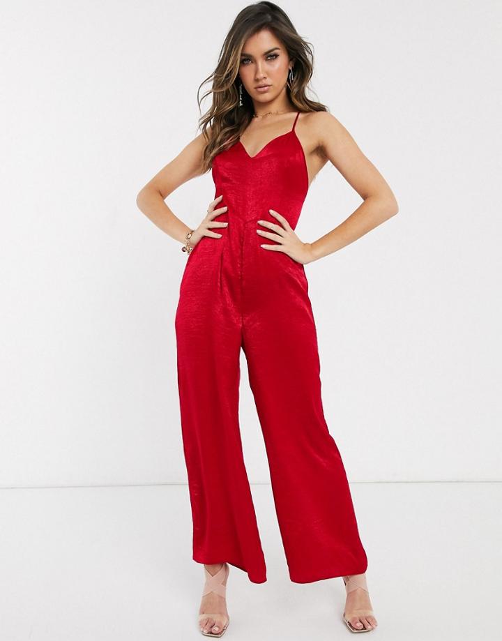 Asos Design Cami Strap Satin Jumpsuit With Plunge Front-red