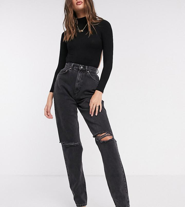 Asos Design Tall High Rise 'slouchy' Mom Jeans In Washed Black With Rips