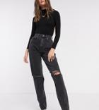 Asos Design Tall High Rise 'slouchy' Mom Jeans In Washed Black With Rips