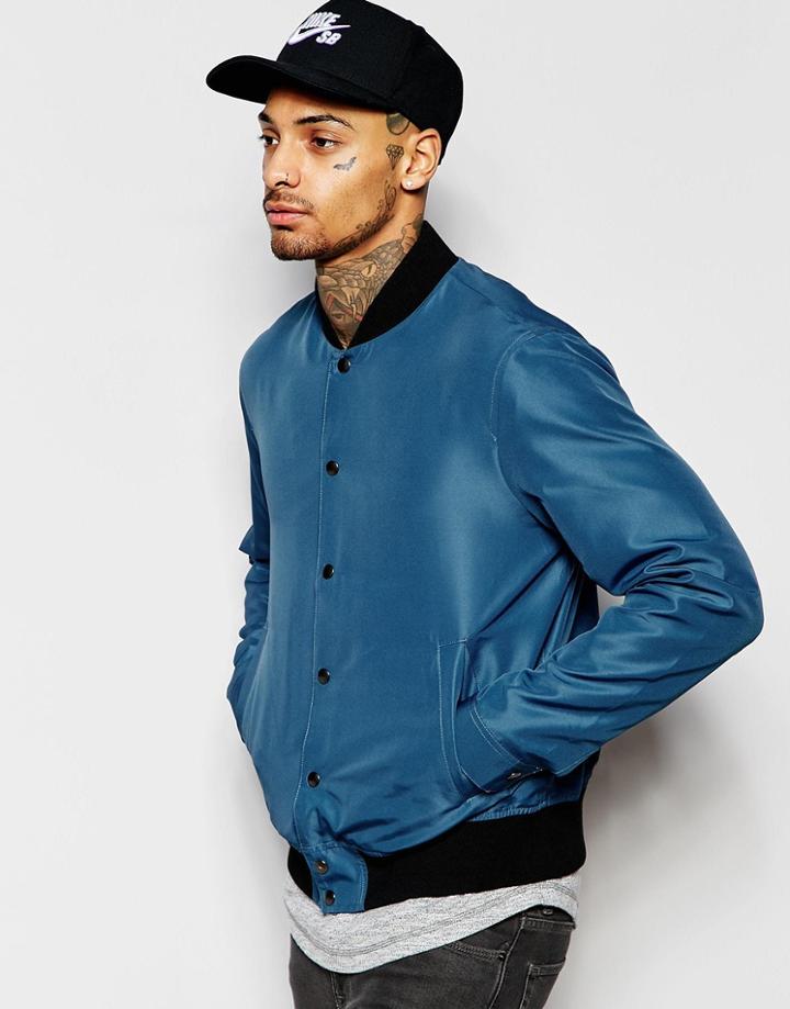 Asos Bomber Jacket With Poppers In Teal - Teal
