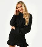 Outrageous Fortune Exclusive Mini Ruched Ruffle Detail Sweatshirt Dress With Hood In Black