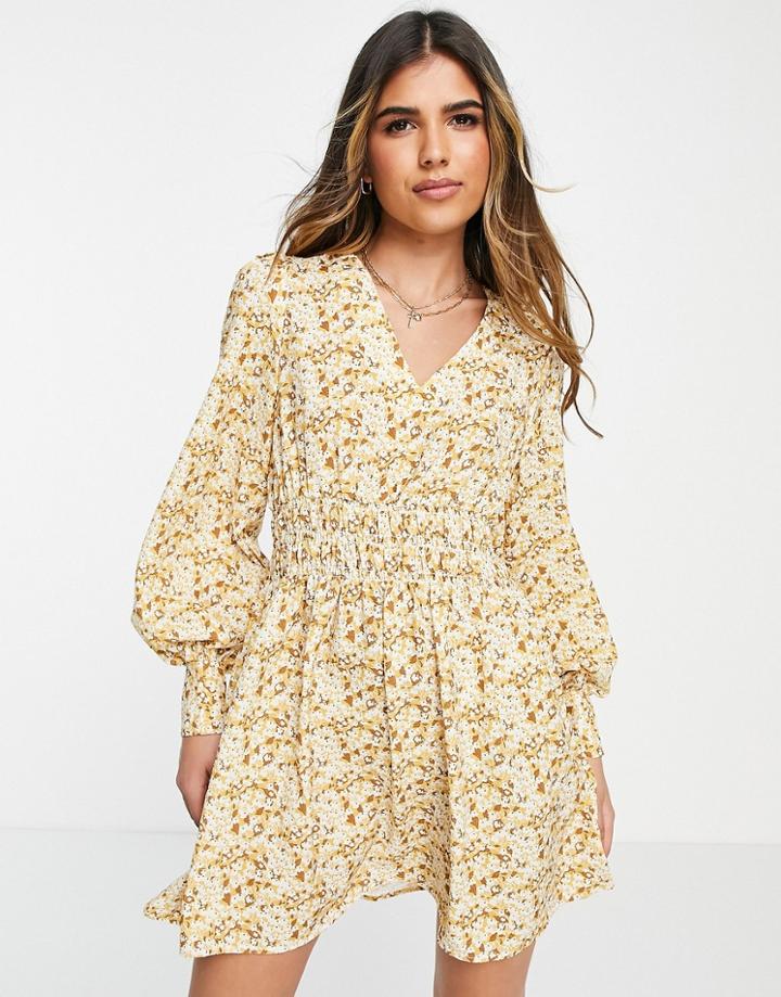 Urban Revivo Ruched Waist Midi Dress In Yellow Floral Print