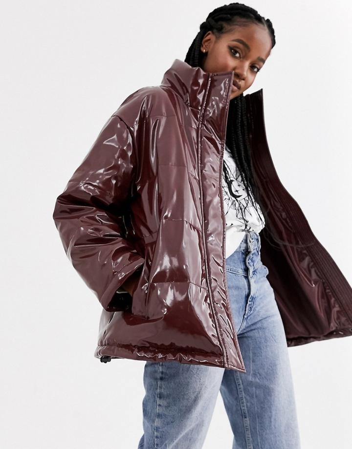 Asos Design Vinyl Oversized Puffer Jacket In Oxblood