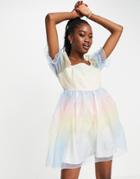 Pieces Premium Puff Sleeve Organza Mini Dress In Rainbow Ombre-multi
