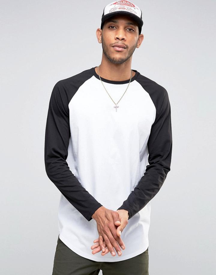 Asos Longline Long Sleeve T-shirt With Contrast Raglan And Curve Hem - White