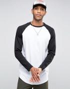 Asos Longline Long Sleeve T-shirt With Contrast Raglan And Curve Hem - White
