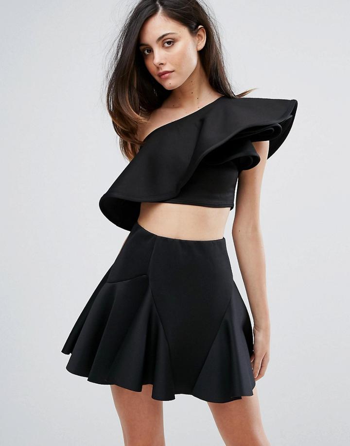 Club L One Shoulder Ruffle Structured Detail Top - Black