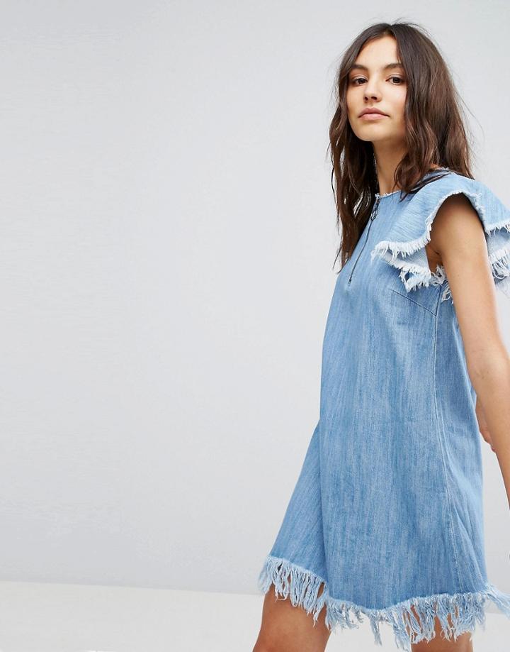 Pull & Bear Denim Dress With Distressing - Blue