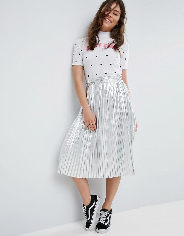 Asos Pleated Midi Skirt In Silver Metallic - Silver