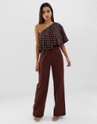 Prettylittlething One Shoulder Jumpsuit With Layered Ruffle Detail In Chocolate Polka Dot - Brown