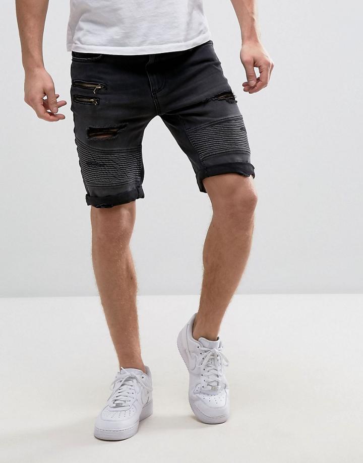 11 Degrees Super Skinny Denim Biker Shorts With Distressing - Black
