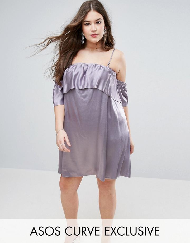 Asos Curve Structured Swing Dress With Ruffle Off Shoulder - Silver