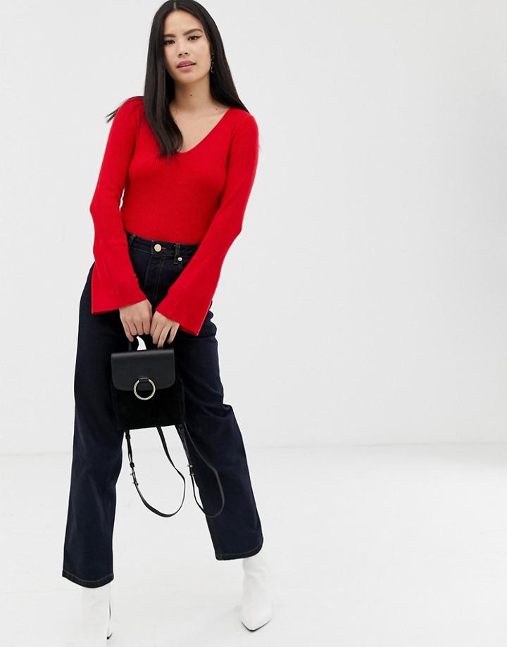 Brave Soul V Neck Sweater With Flared Sleeves In Red - Red