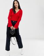 Brave Soul V Neck Sweater With Flared Sleeves In Red - Red