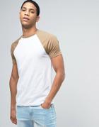 Asos T-shirt With Contrast Raglan Sleeves In White/tan - White