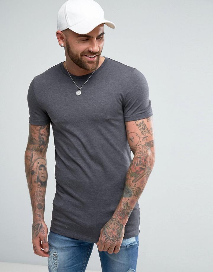Asos Longline Muscle T-shirt With Crew Neck In Charcoal Marl - Gray