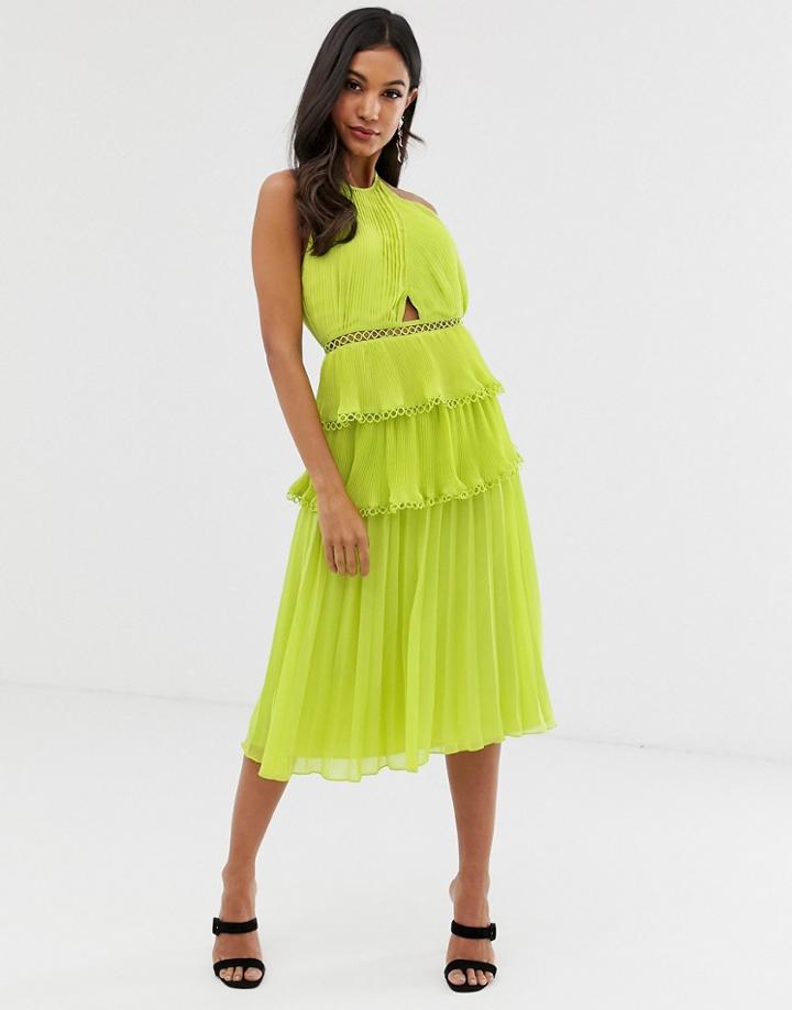 Asos Design Midi Dress With Cross Front And Lace Trim Tiered Skirt-green