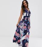 Little Mistress Petite All Over Floral Printed Plunge Front Maxi Dress In Multi - Multi