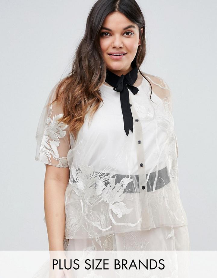 Elvi Premium Sheer Boxy Top With Tie Neck - Pink
